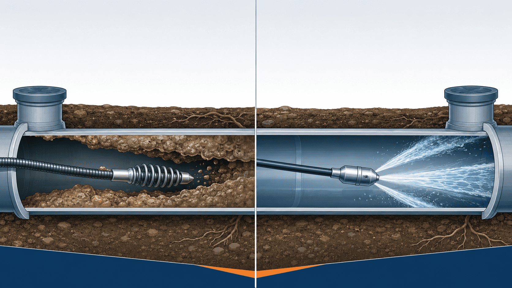 Comparison diagram of drain snaking versus hydro jetting inside a pipe