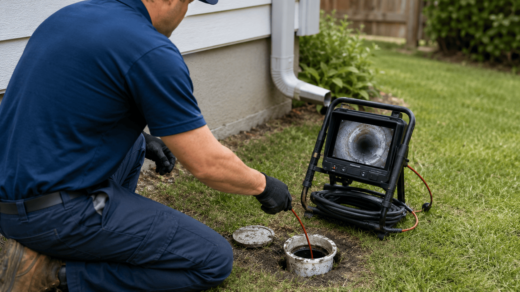 Professional plumber performing a sewer camera inspection at a home cleanout Plumber feeding a sewer inspection camera cable into a cleanout while checking the monitor outside a house