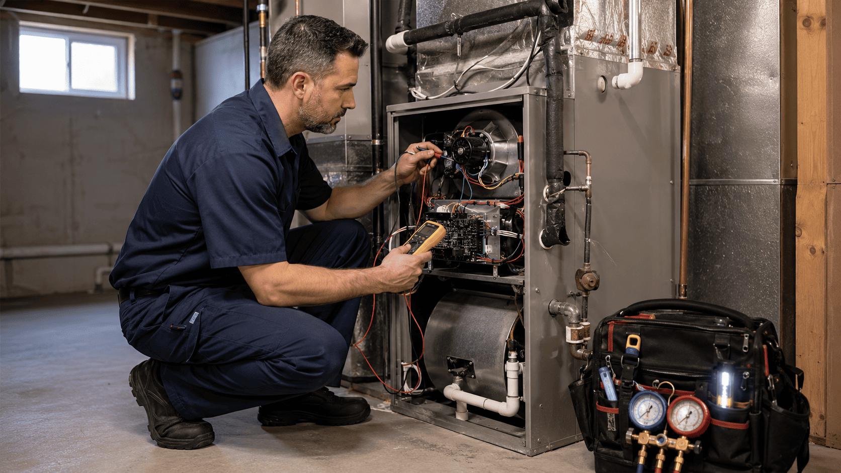 Hvac technician testing electrical and mechanical components during professional ac maintenance