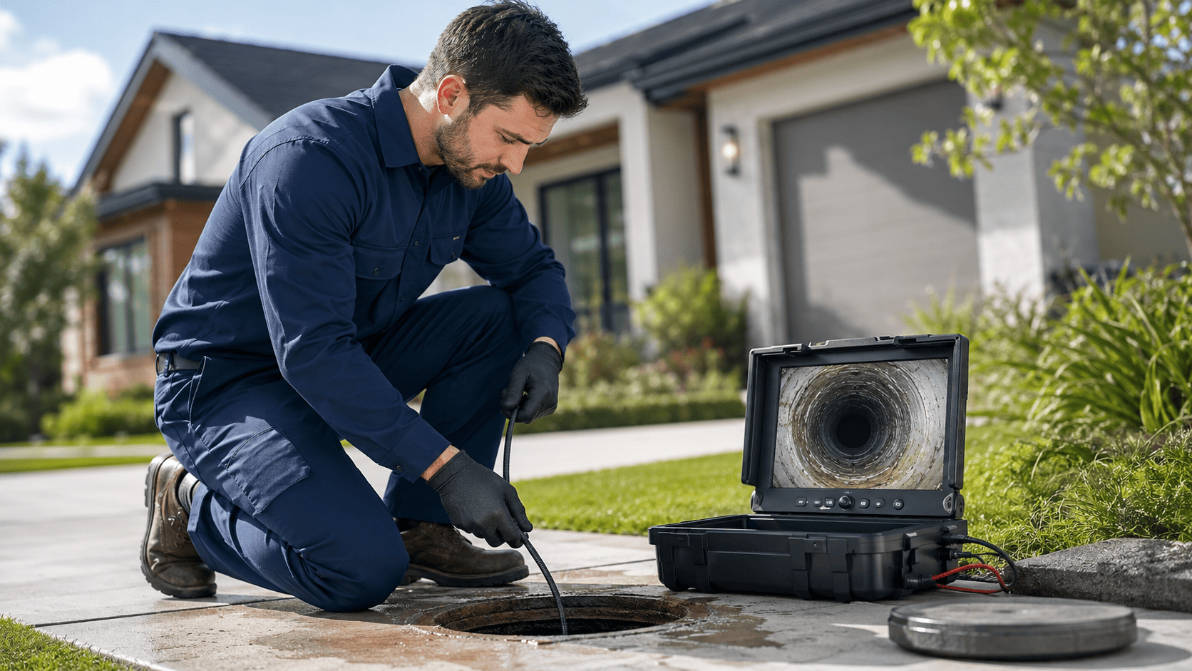 Professional plumber performing a drain camera inspection on a residential sewer line