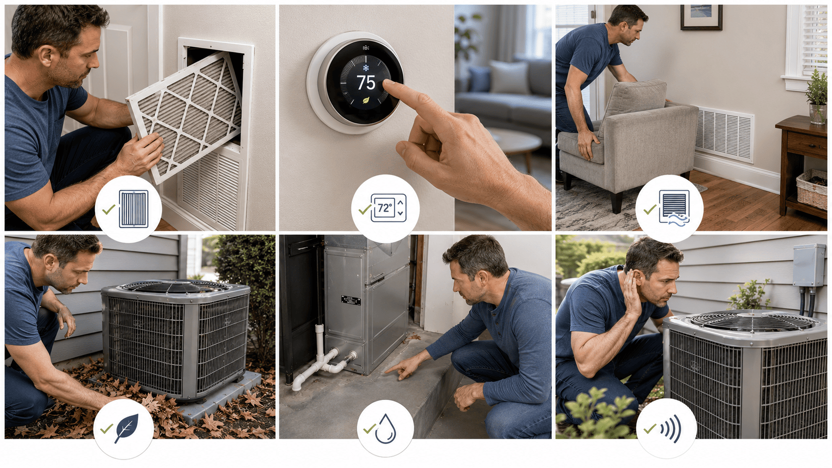 Home ac maintenance checklist showing filter, thermostat, vents, condenser, and drainage checks