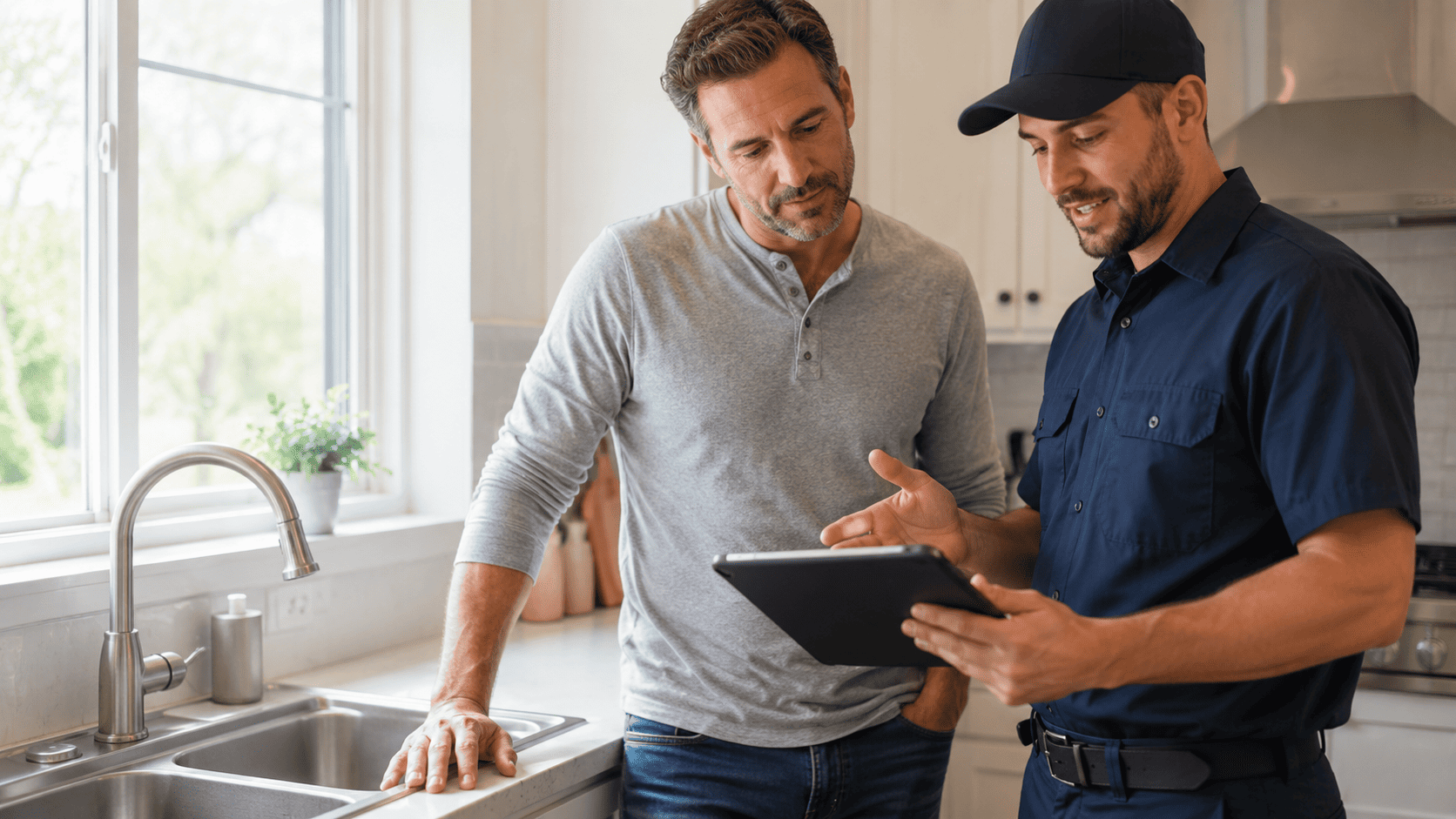 Plumber explaining a drain service estimate to a homeowner in a kitchen