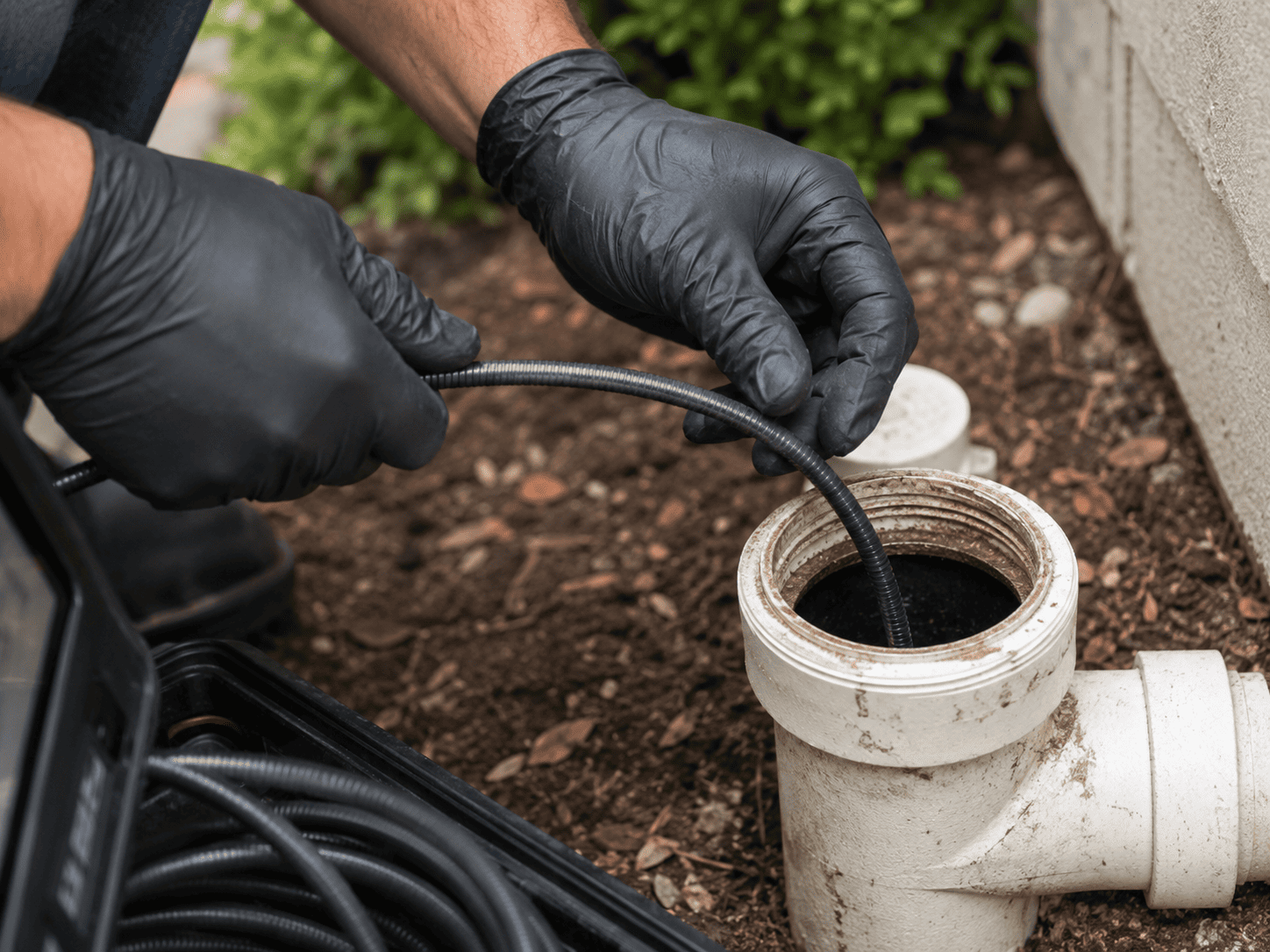 Drain inspection camera cable being fed into a residential sewer cleanout pipe