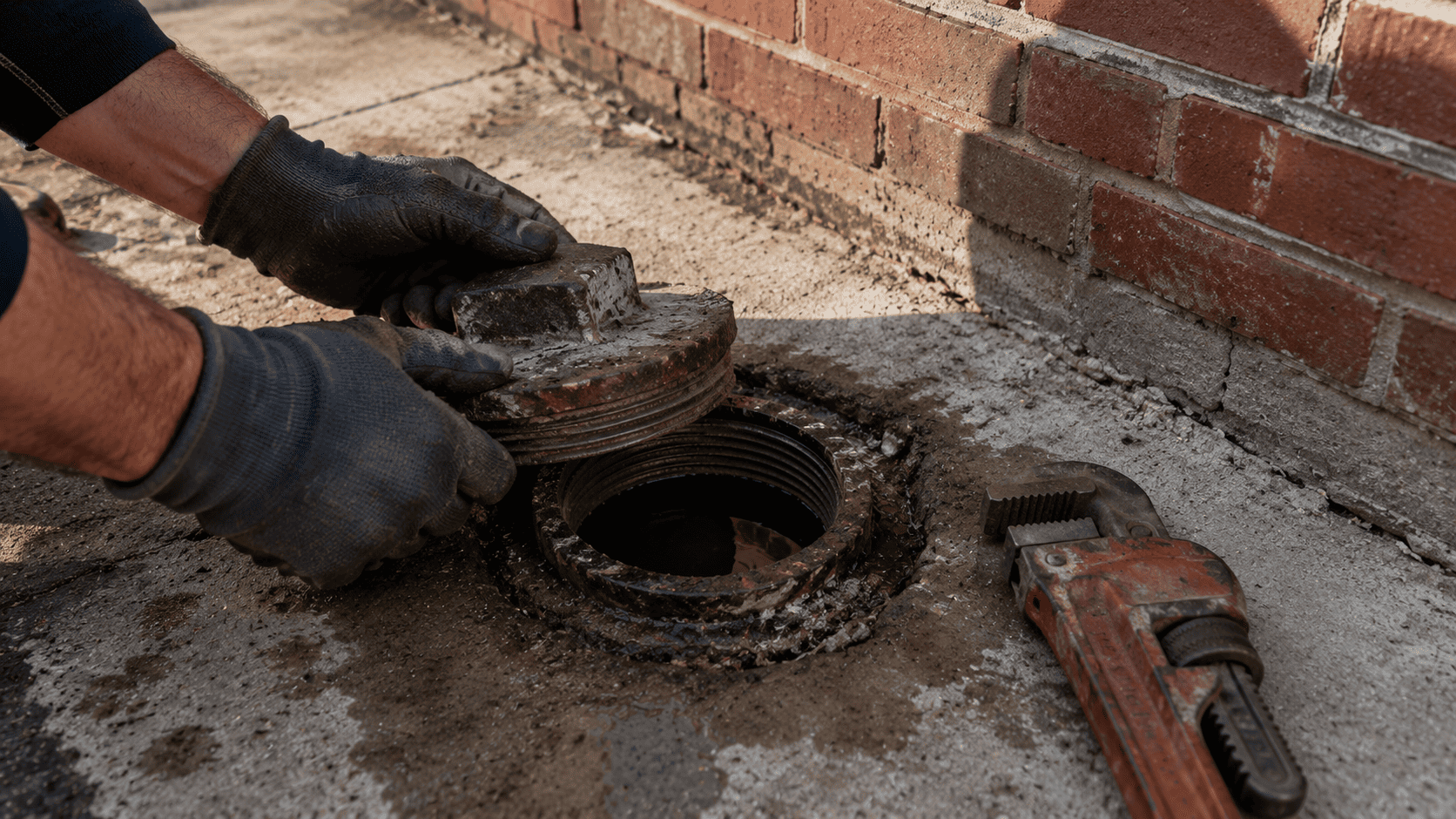 Plumber opening a corroded exterior sewer cleanout on an older home foundation