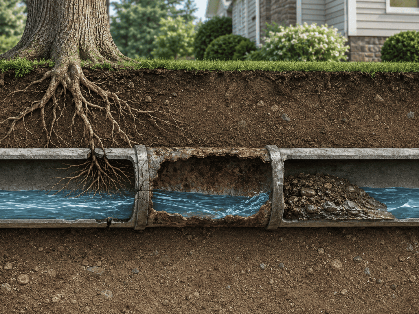 Common underground sewer pipe problems shown in a cutaway illustration Cutaway illustration of an underground sewer pipe with tree root intrusion, pipe corrosion, and debris blockage