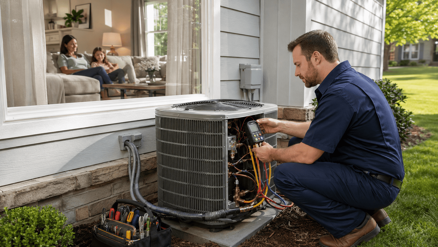 Hvac technician inspecting an outdoor ac unit to help prevent cooling system problems