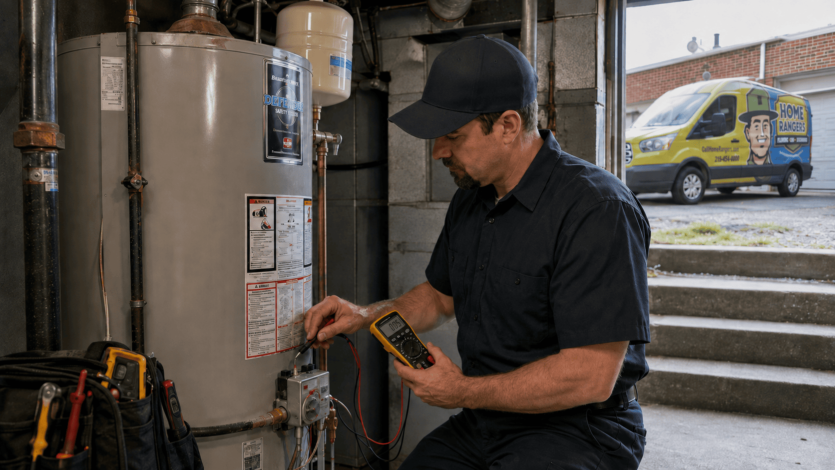 Home rangers technician diagnosing a residential water heater during a professional repair service