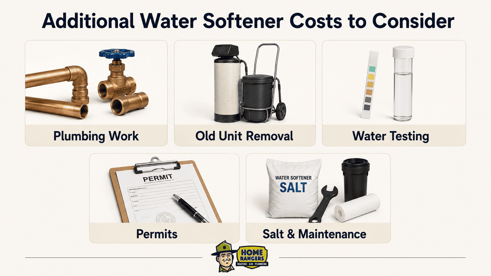 Additional water softener installation costs to consider Additional water softener costs including plumbing work, removal, water testing, permits, salt, and maintenance