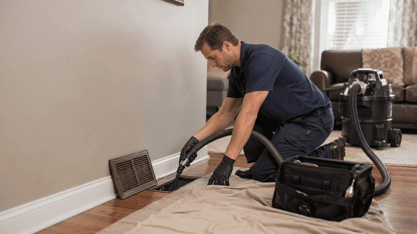 Professional hvac technician performing residential air duct cleaning