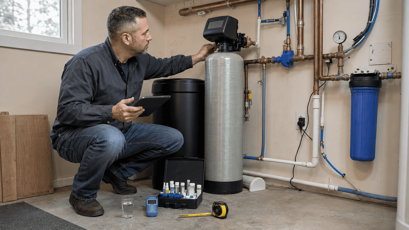 Factors that determine home water treatment system cost Technician testing water and evaluating factors that affect home water treatment system cost