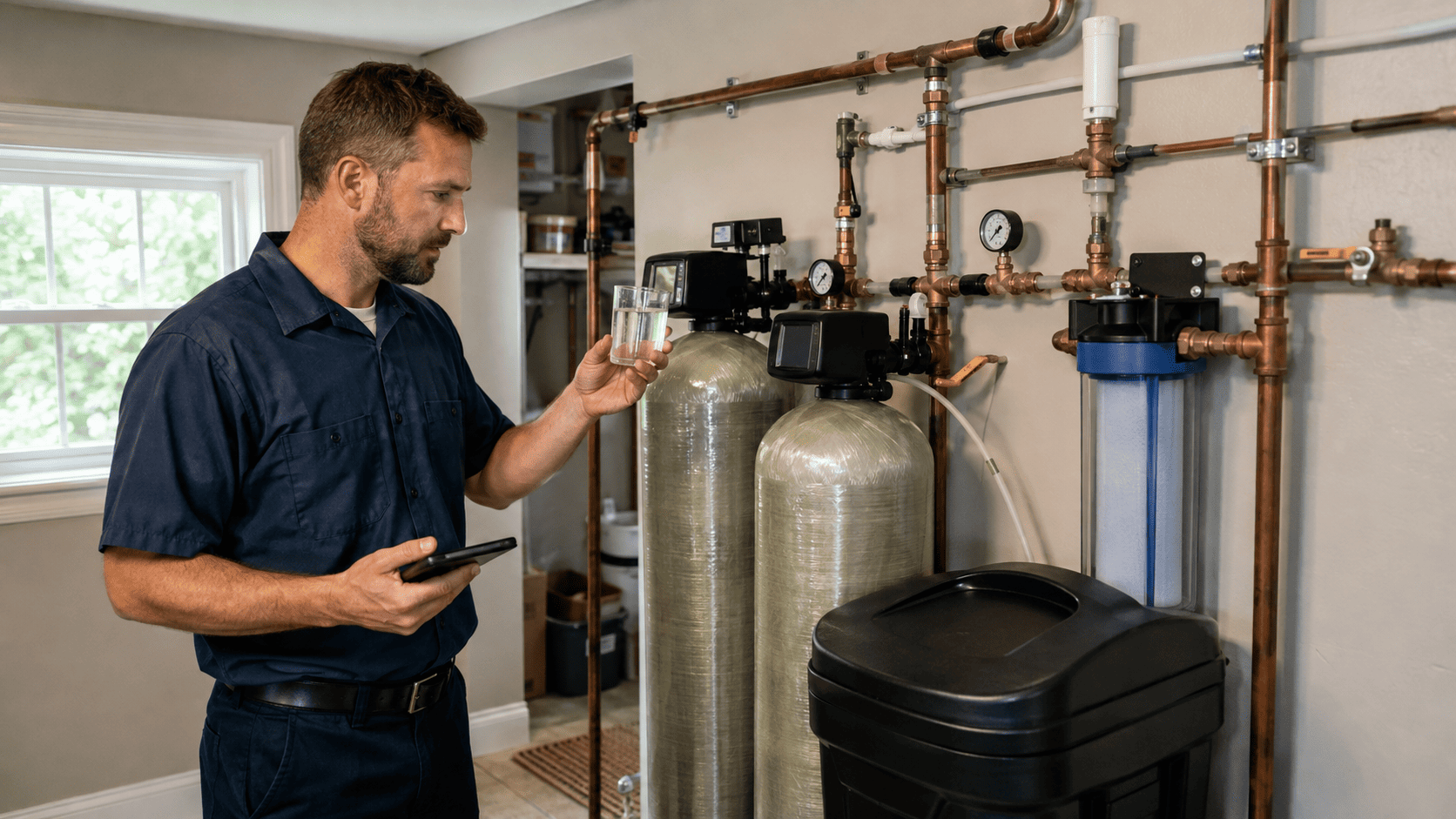 Technician inspecting a whole-house water treatment system in a home utility room
