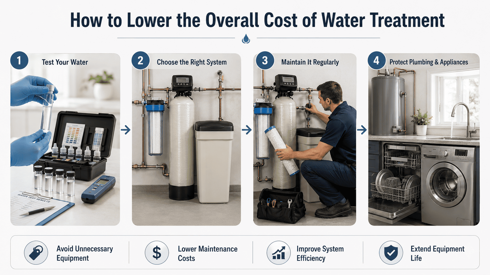 How to lower the overall cost of water treatment Water testing, correct system sizing, and maintenance help reduce water treatment costs