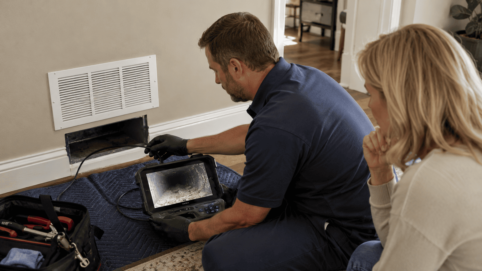 Hvac technician inspecting ductwork to determine if air duct cleaning is needed