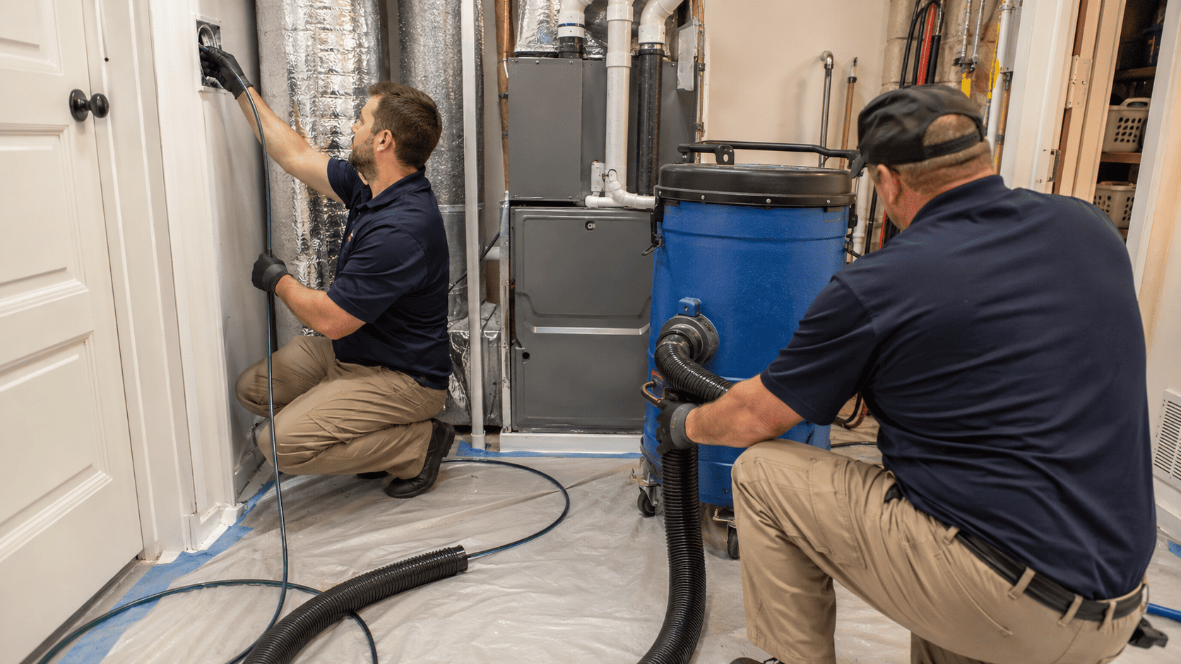Professional technicians cleaning a residential hvac duct system