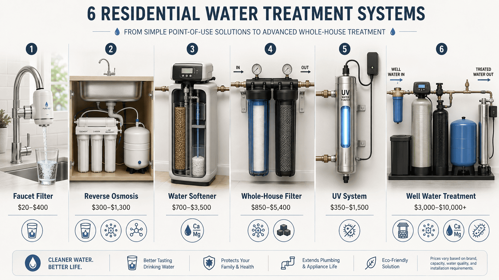 Cost of different home water treatment systems Comparison of reverse osmosis, water softener, uv, and whole-house filtration systems