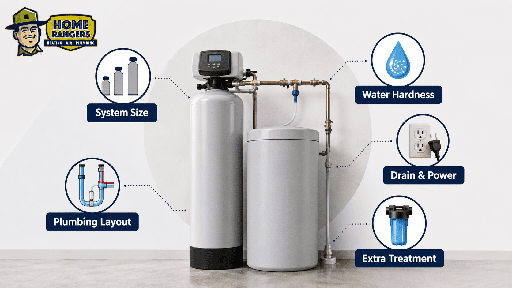 Factors that affect water softener installation cost Factors affecting water softener installation cost including system size, water hardness, plumbing, drainage, and treatment needs