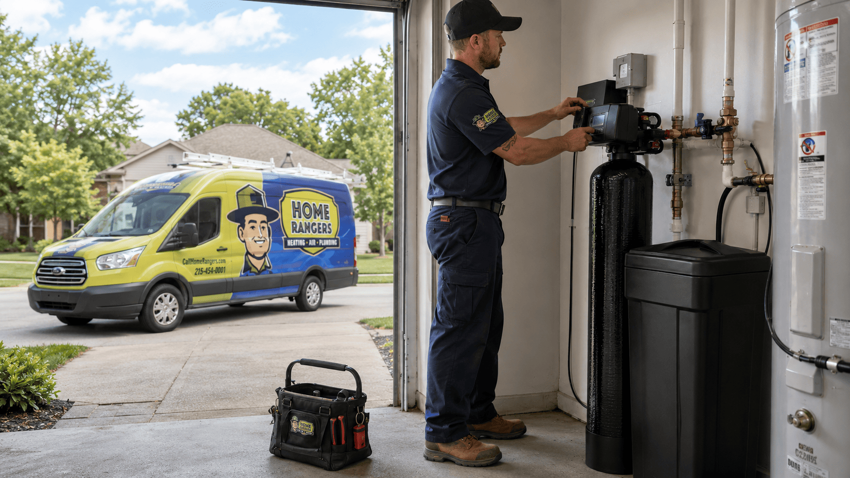 Home rangers technician installing a whole-house water softener