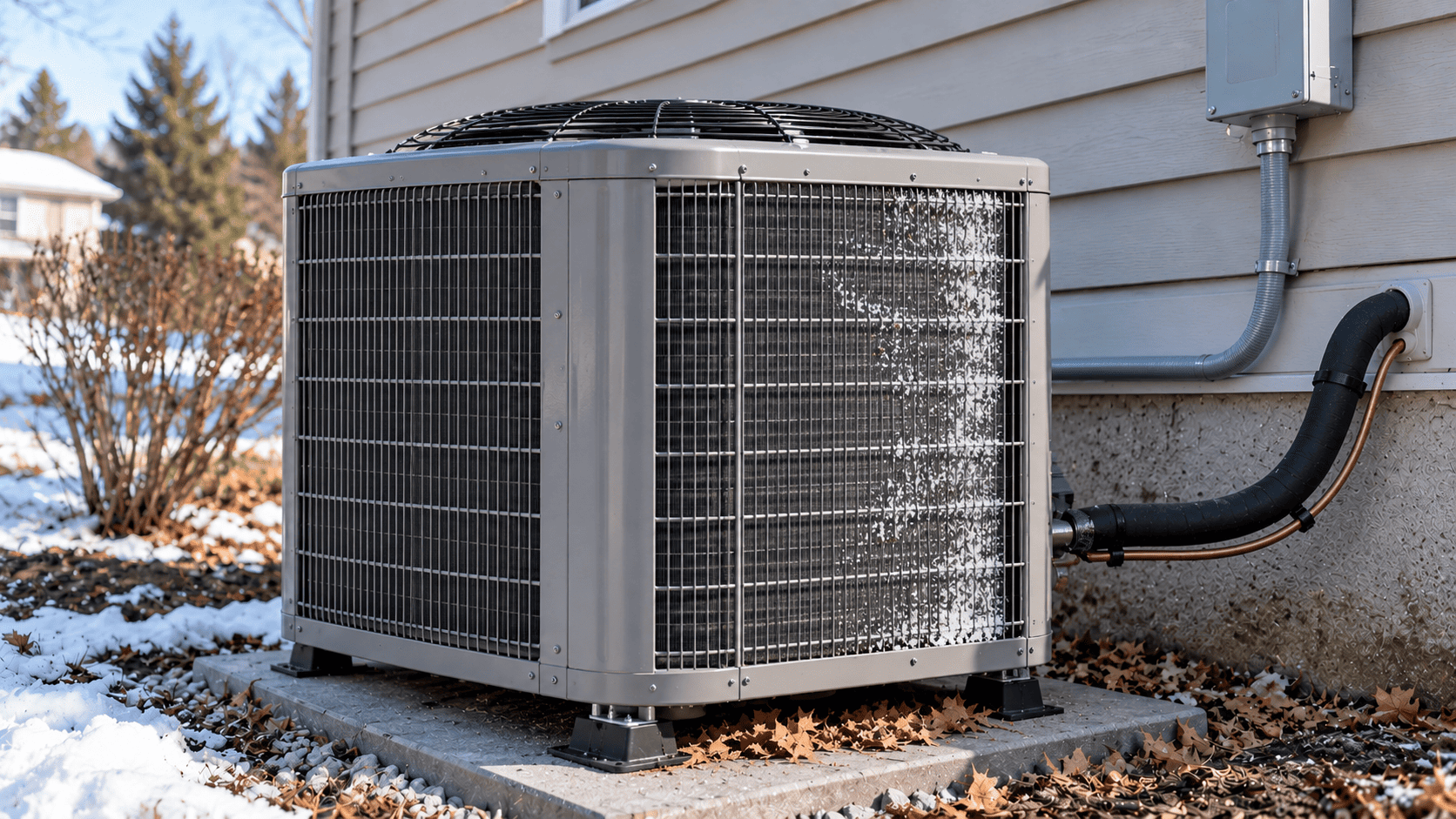 Common reasons a heat pump is not heating Close-up of a residential heat pump outdoor coil with light frost and restricted airflow during heating troubleshooting