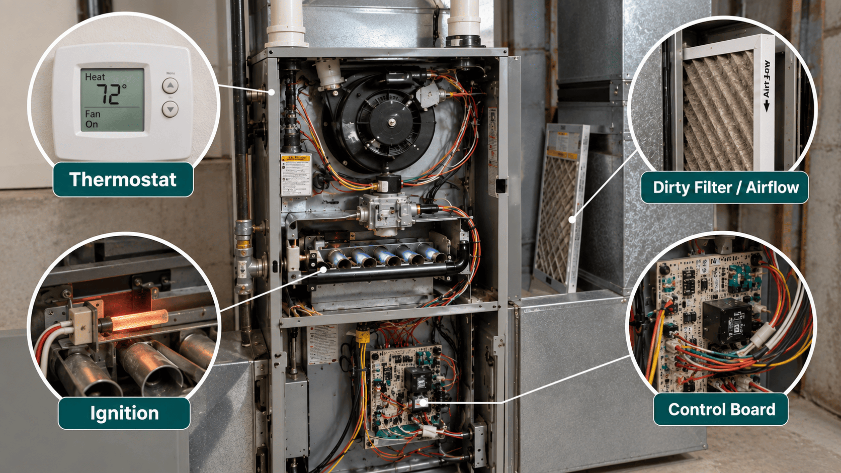 Open residential furnace with labeled callouts showing thermostat, airflow, ignition, and control components that can cause cold air