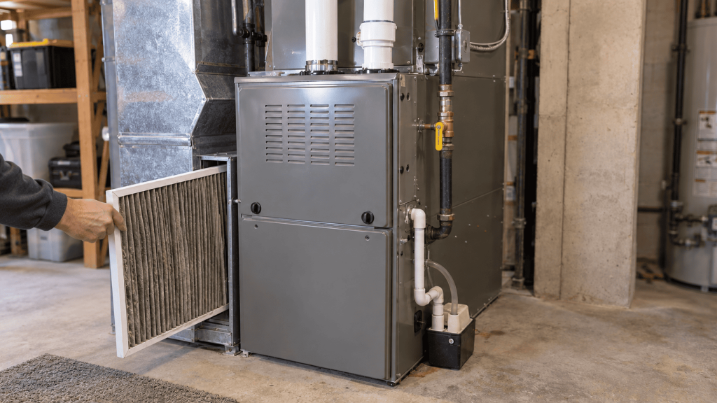 Residential gas furnace in a basement utility area with a dirty air filter removed during troubleshooting for cold air issues