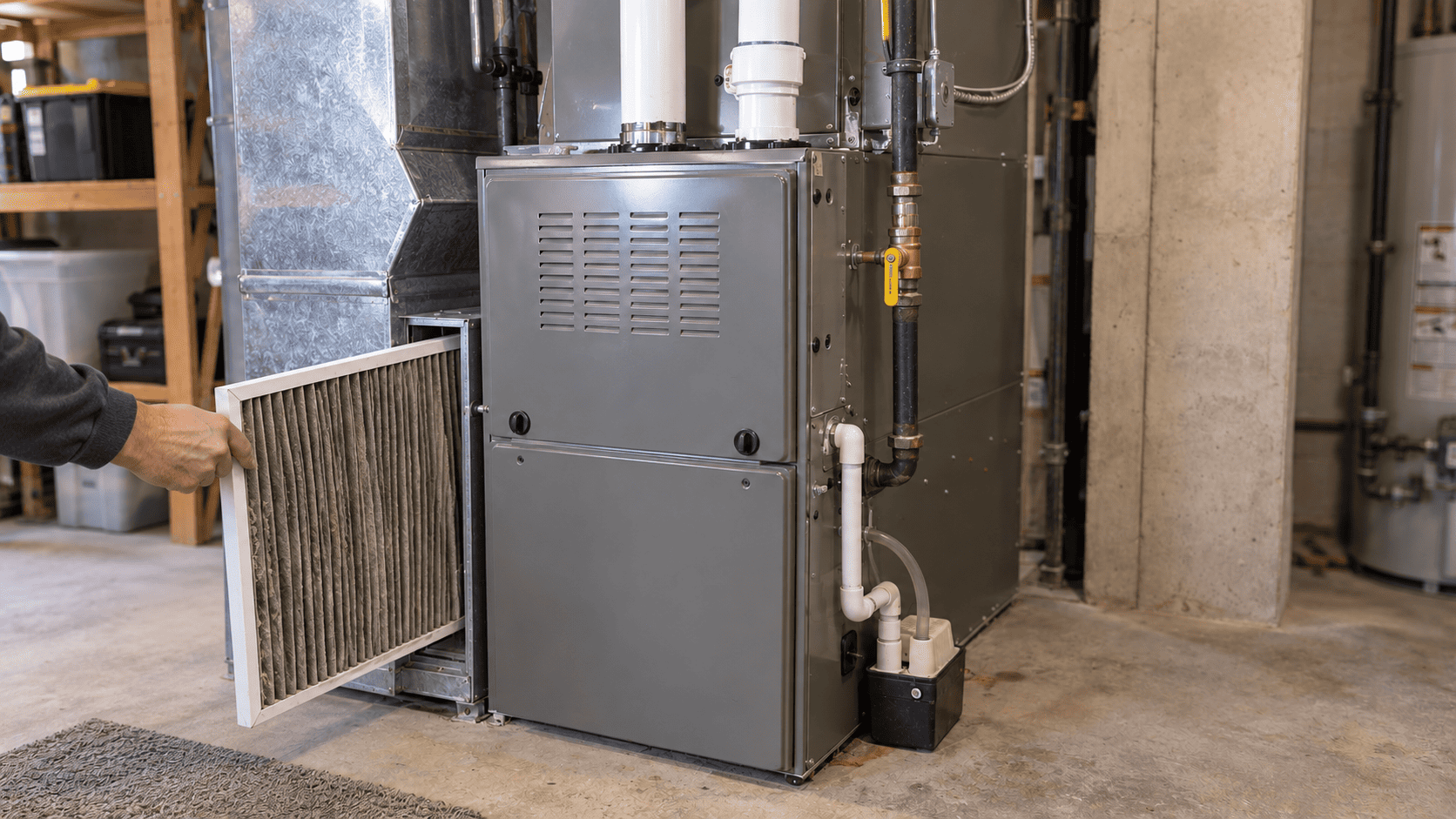 Residential gas furnace in a basement utility area with a dirty air filter removed during troubleshooting for cold air issues