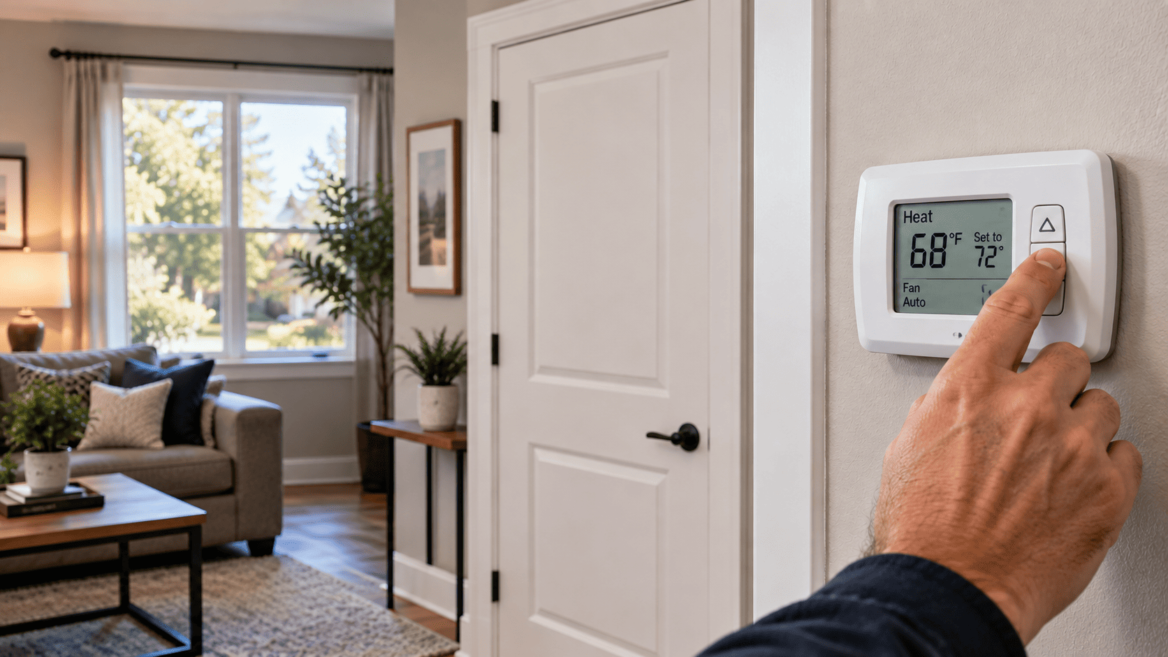 Homeowner adjusting thermostat from 68°f to 72°f while the furnace is set to heat