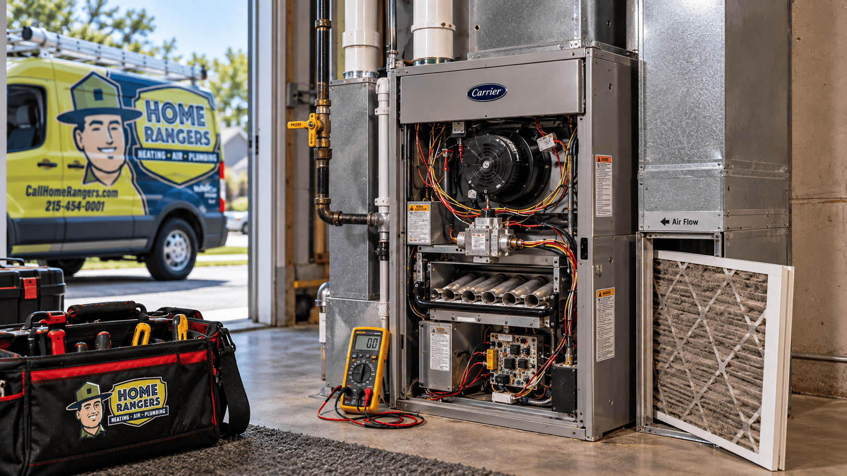 Open gas furnace being diagnosed with a dirty air filter and multimeter when the furnace is running but not heating