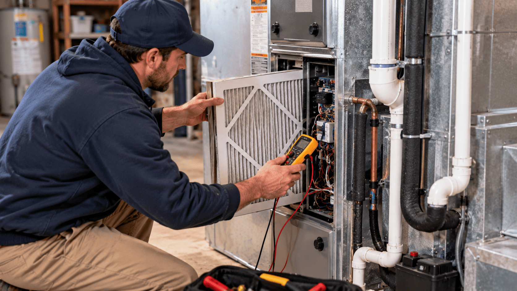 How to troubleshoot a heat pump that is not heating Homeowner checking and replacing an hvac air filter while troubleshooting a heat pump that is not heating