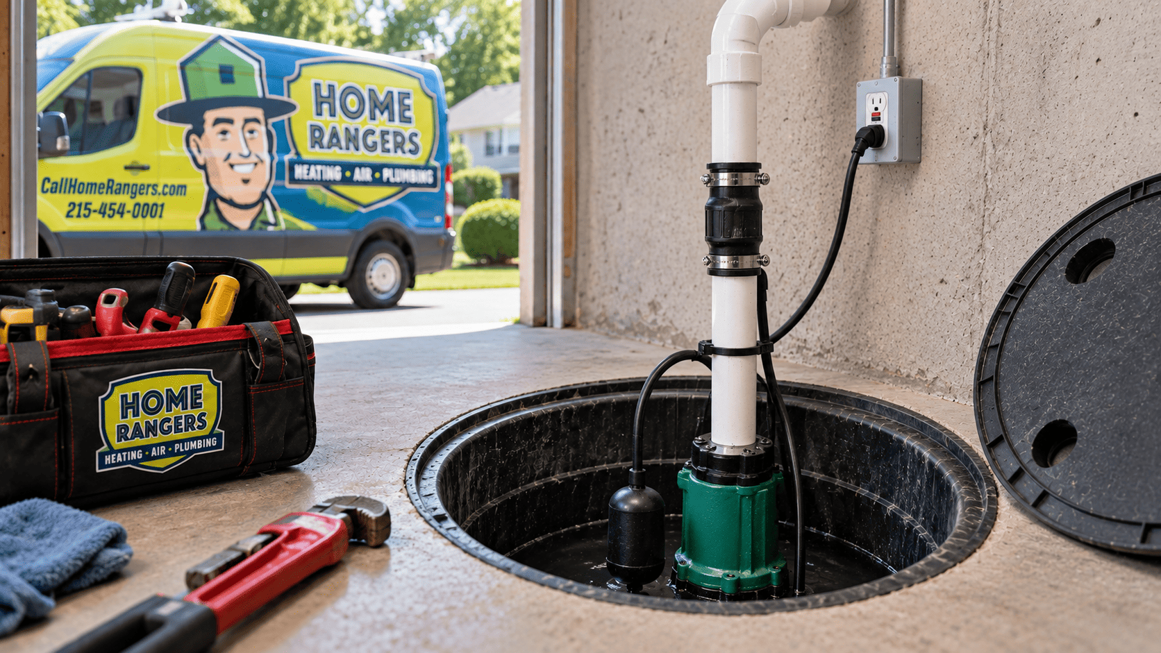 Professional sump pump installation by home rangers Professional sump pump installation with submersible pump, pvc discharge pipe, check valve, and home rangers service van