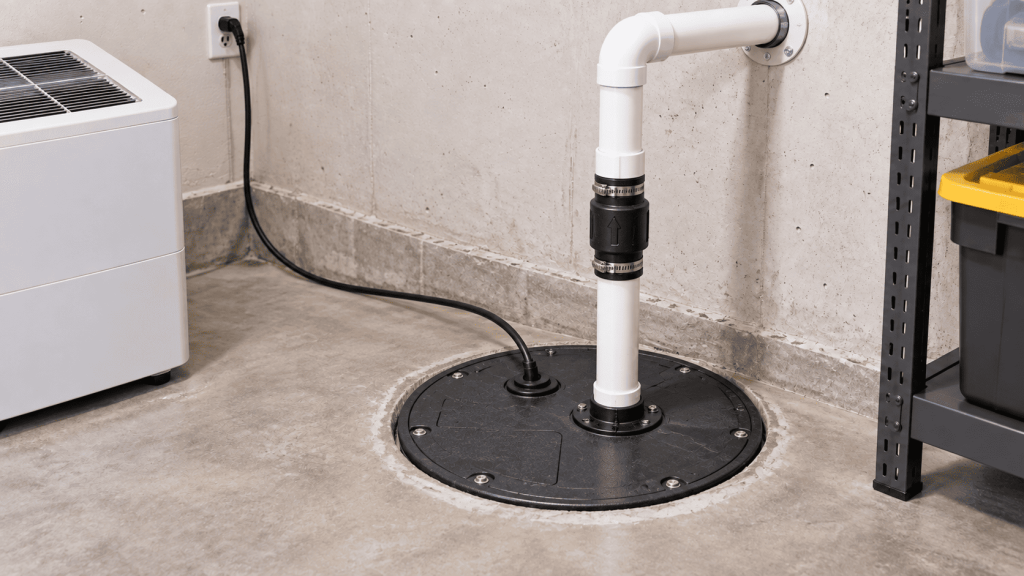 Residential sump pump installation with sealed basin, pvc discharge pipe, and check valve in a basement