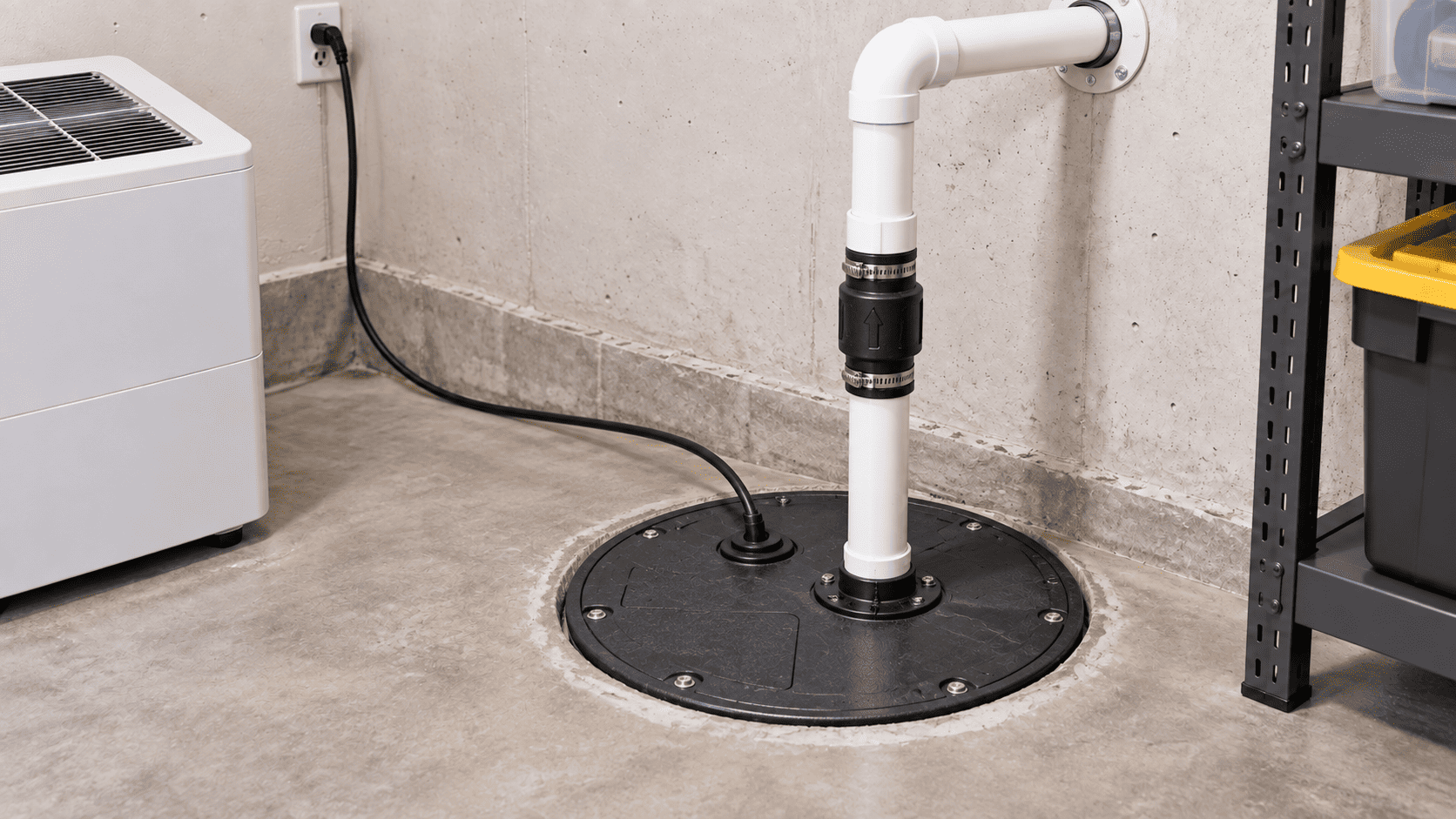 Residential sump pump installation with sealed basin, pvc discharge pipe, and check valve in a basement