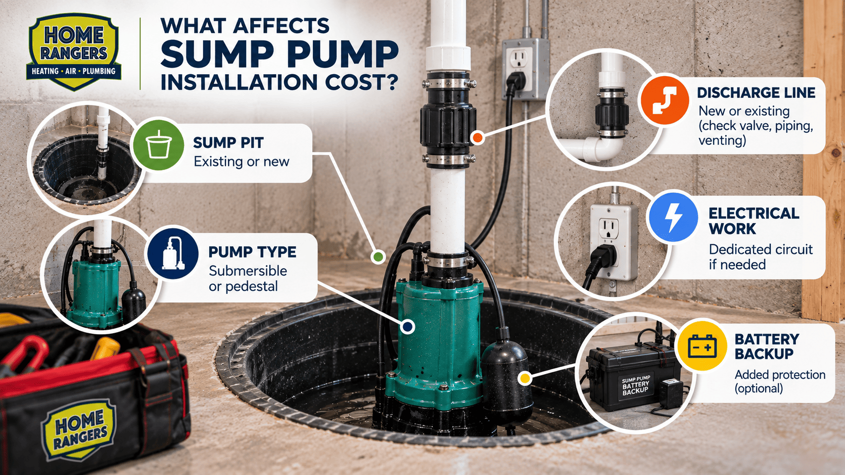What affects sump pump installation cost Factors affecting sump pump installation cost including sump pit, pump type, discharge line, electrical work, and battery backup