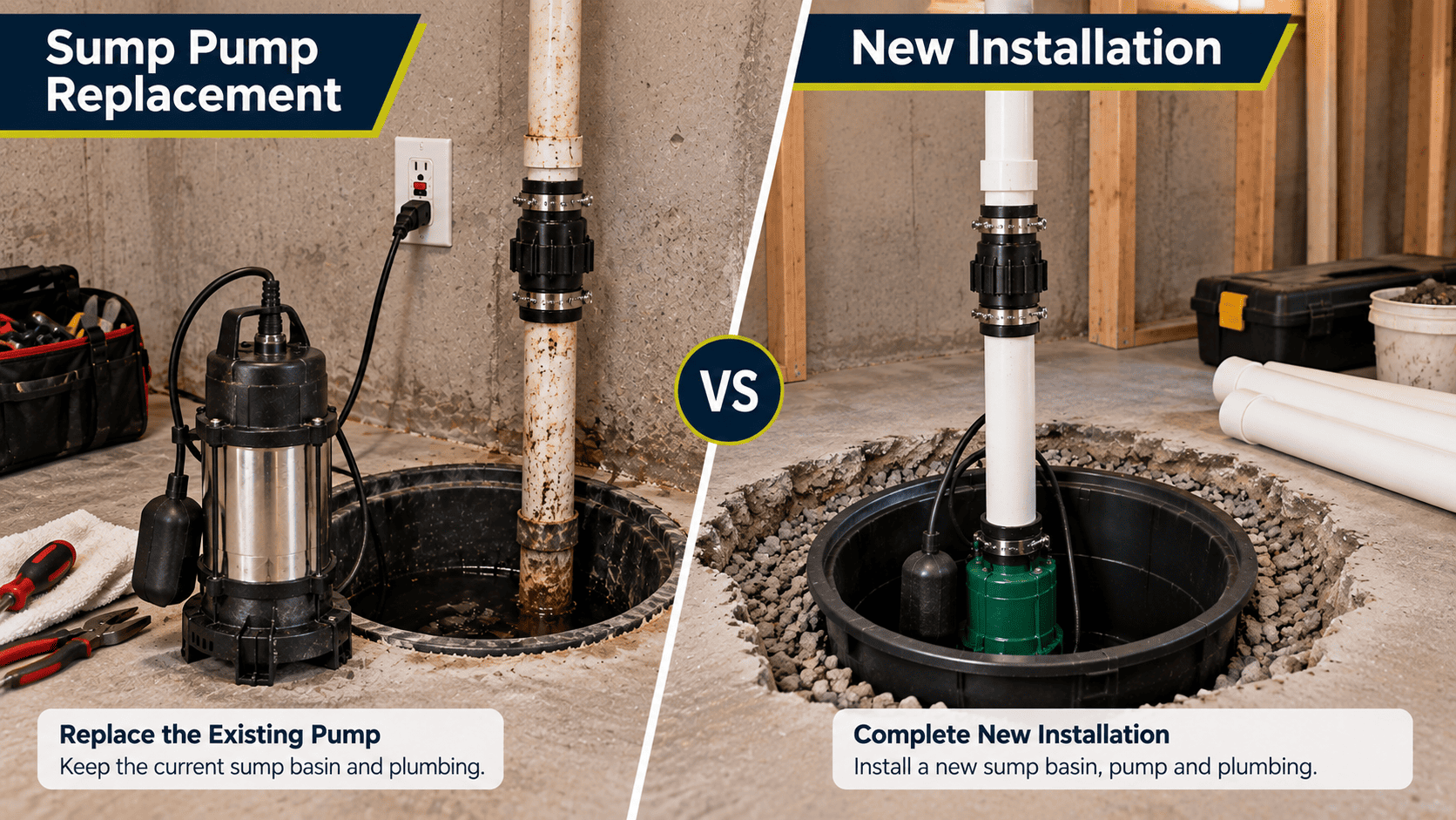Sump pump replacement vs. New installation Sump pump replacement versus new installation showing an existing pump system and a complete new sump basin installation