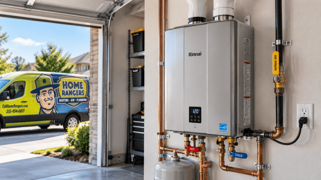 Tankless water heater installation in a residential garage by home rangers
