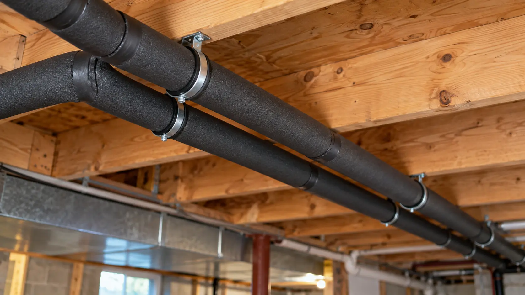 Basement water pipe insulation Water pipes covered with black foam insulation beneath wooden basement floor joists