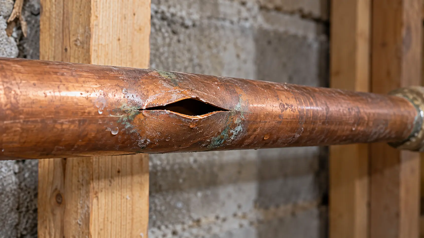 Burst copper water pipe — close-up of the damage Close-up of a burst copper water pipe with a longitudinal split and water droplets