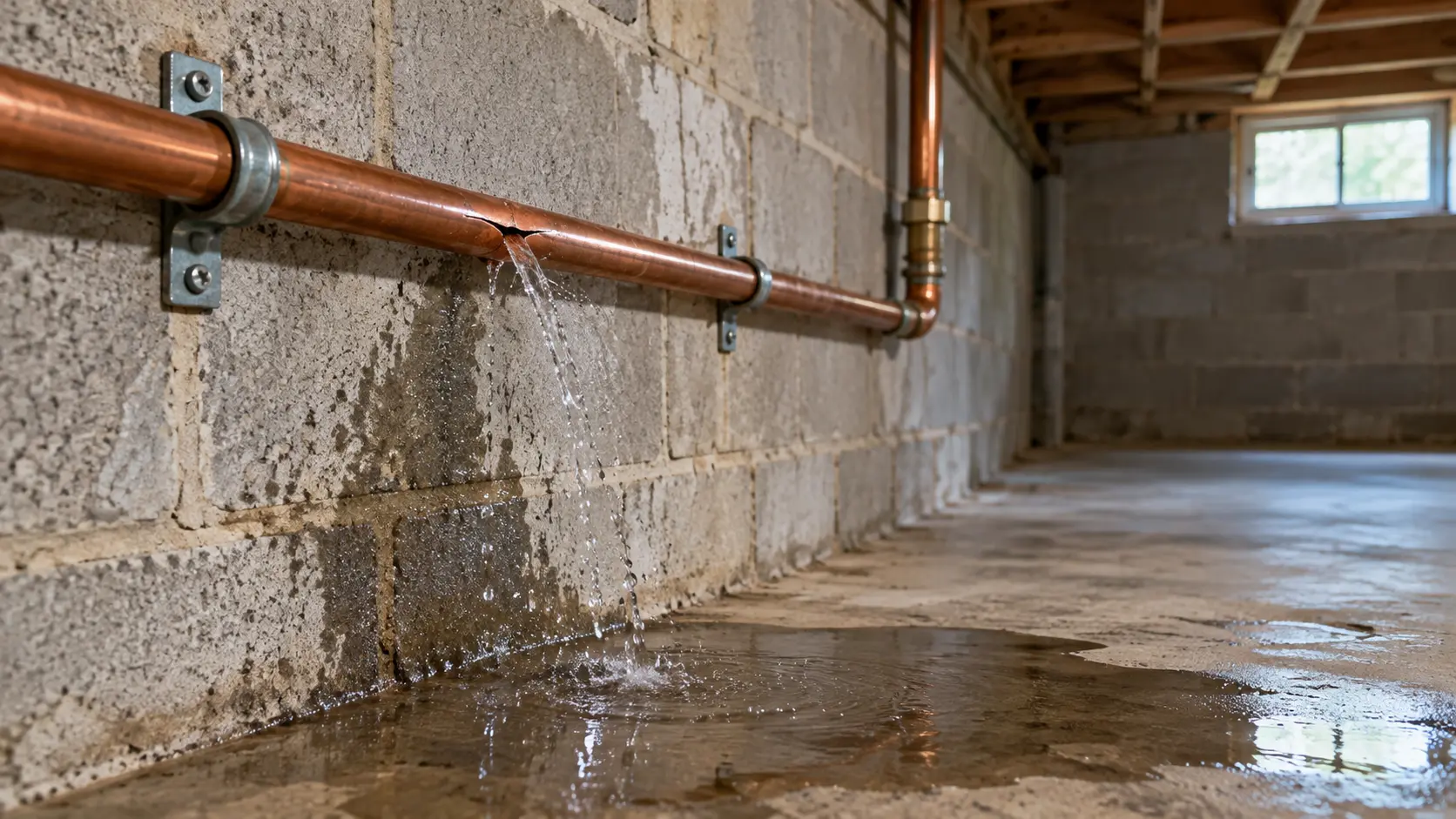 Burst copper water pipe leaking onto a concrete basement floor