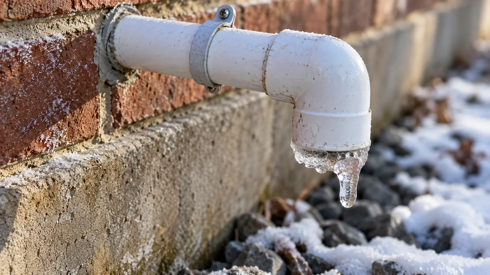 Frozen condensate drain during cold weather Ice at the outlet of an exposed condensate drain pipe beside a brick wall