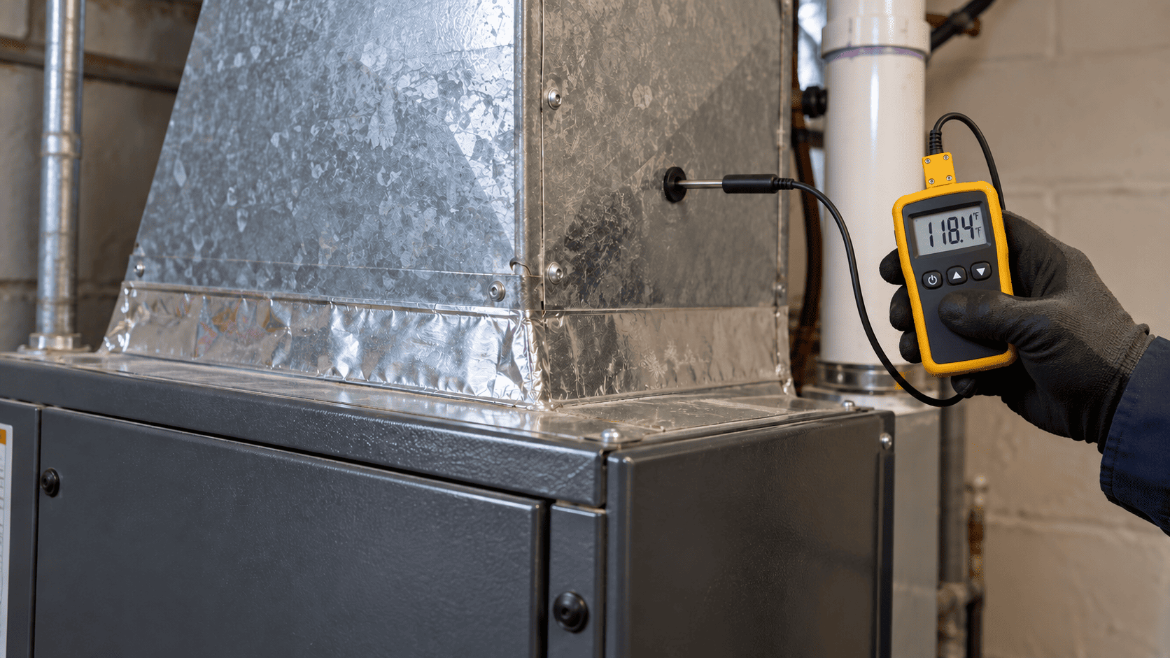 Technician measuring furnace supply air temperature with a digital probe thermometer
