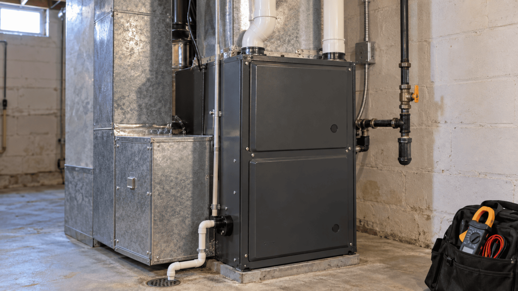 Residential gas furnace with ductwork and diagnostic tools in a basement utility room