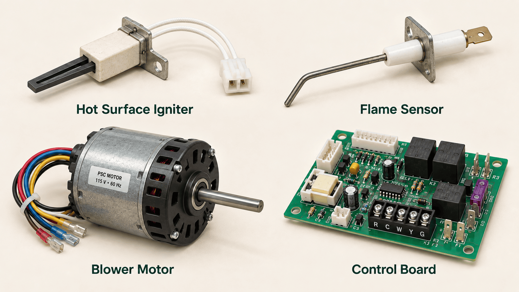 Common furnace repair parts including an ignitor, flame sensor, blower motor, and control board
