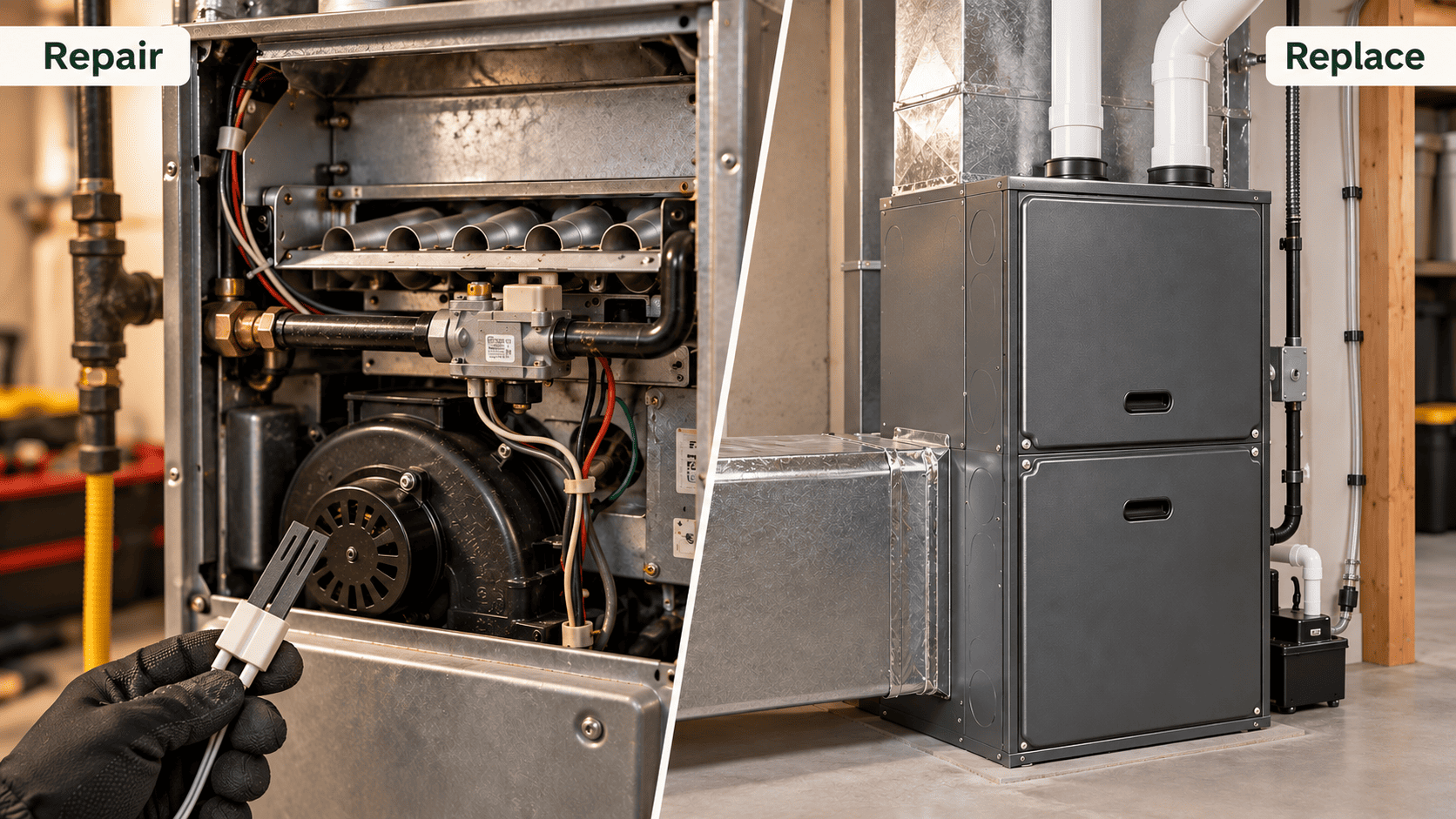Furnace repair versus replacement comparison highlighting reliability, recurring breakdowns, repair costs, and warranty considerations