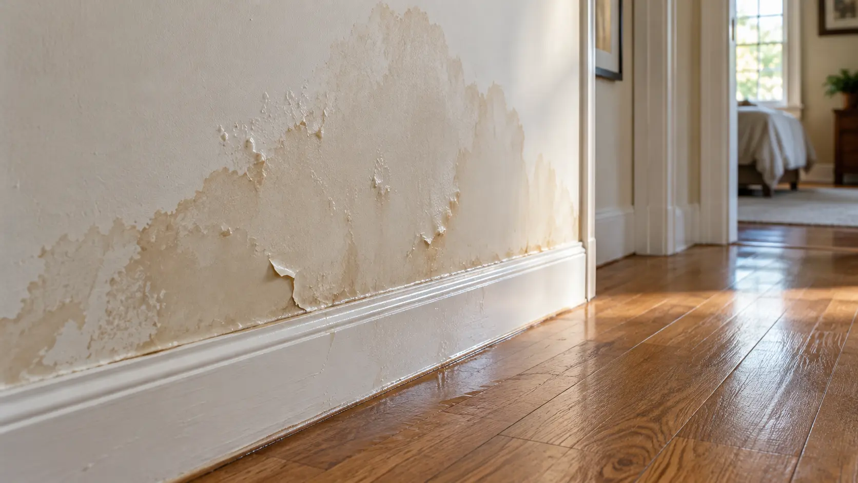 Signs of a hidden water leak inside a wall Water stains and bubbling paint above a damaged baseboard beside a damp hardwood floor