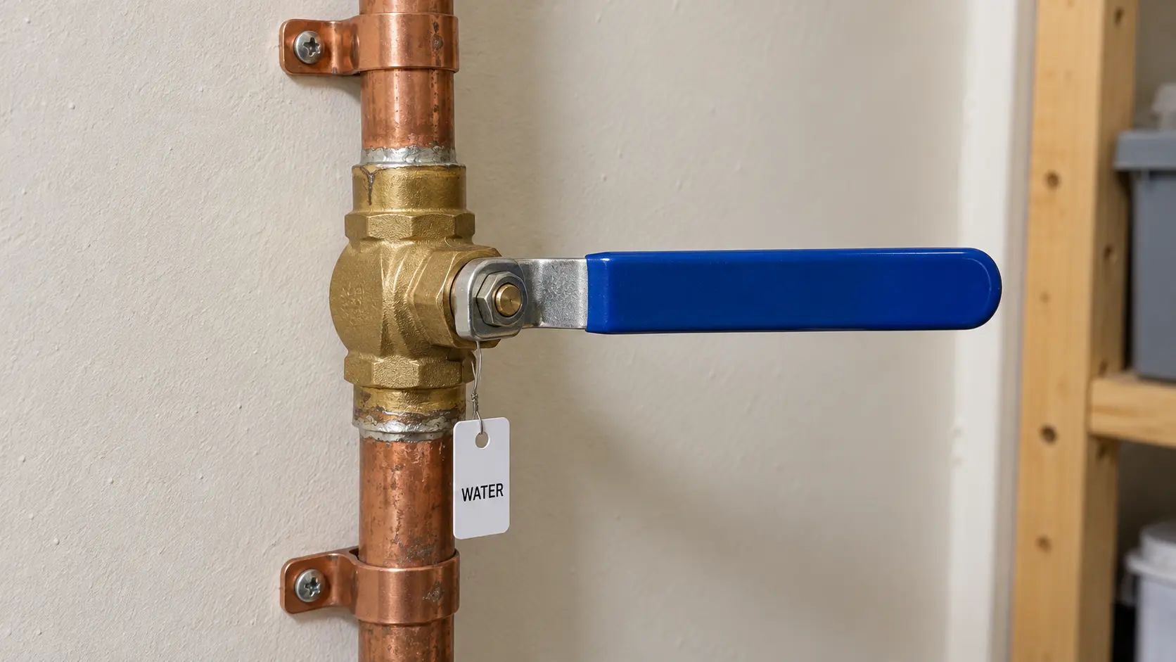 Main water shutoff valve in the closed position Brass water shutoff valve with a blue handle perpendicular to the copper pipe in the closed position
