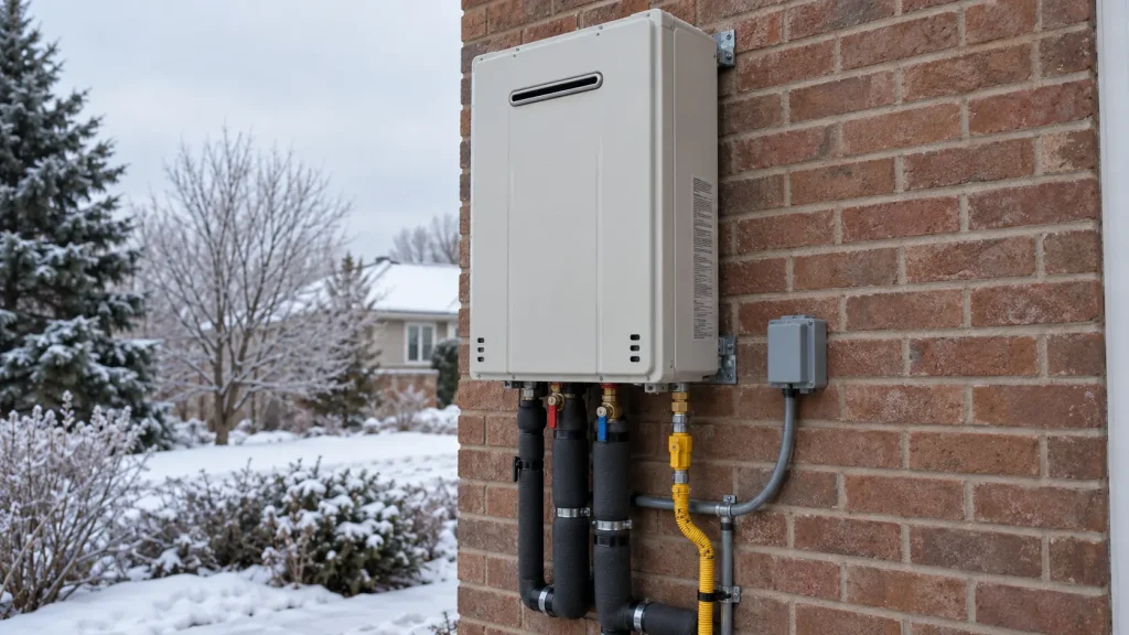 Outdoor tankless water heater mounted on a brick wall with insulated pipes in winter