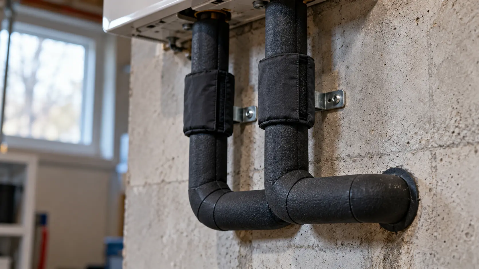 Pipe and valve insulation for tankless water heater freeze protection Close-up of insulated water pipes and removable valve covers beneath a tankless water heater